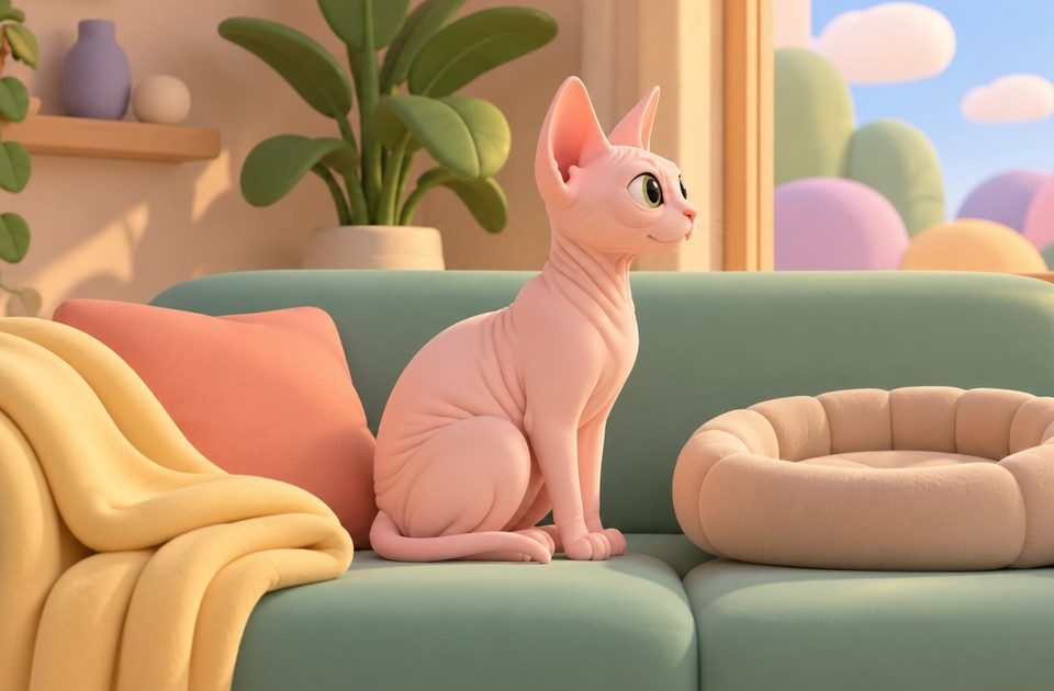 Světlá bezsrstá kočka sedí na pohovce u okna vedle deky a pelíšku, v pozadí jsou rostliny.