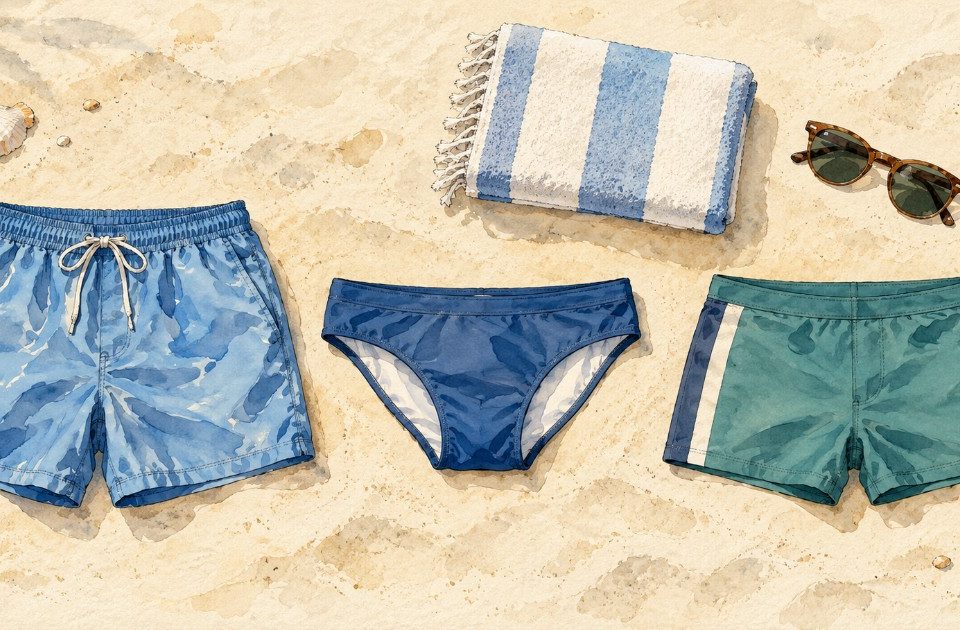 Tři střihy pánských plavek na světlém písku vedle složeného ručníku a slunečních brýlí