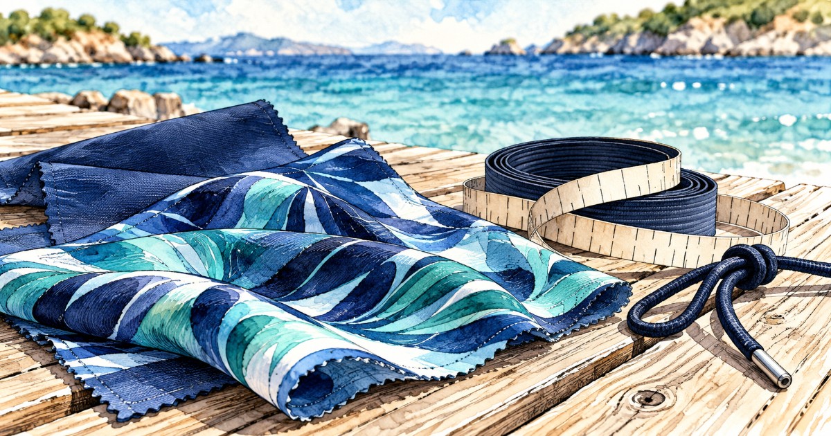 Vzorky pružné plavkoviny, šňůrka a krejčovský metr na dřevěné palubě mola u moře